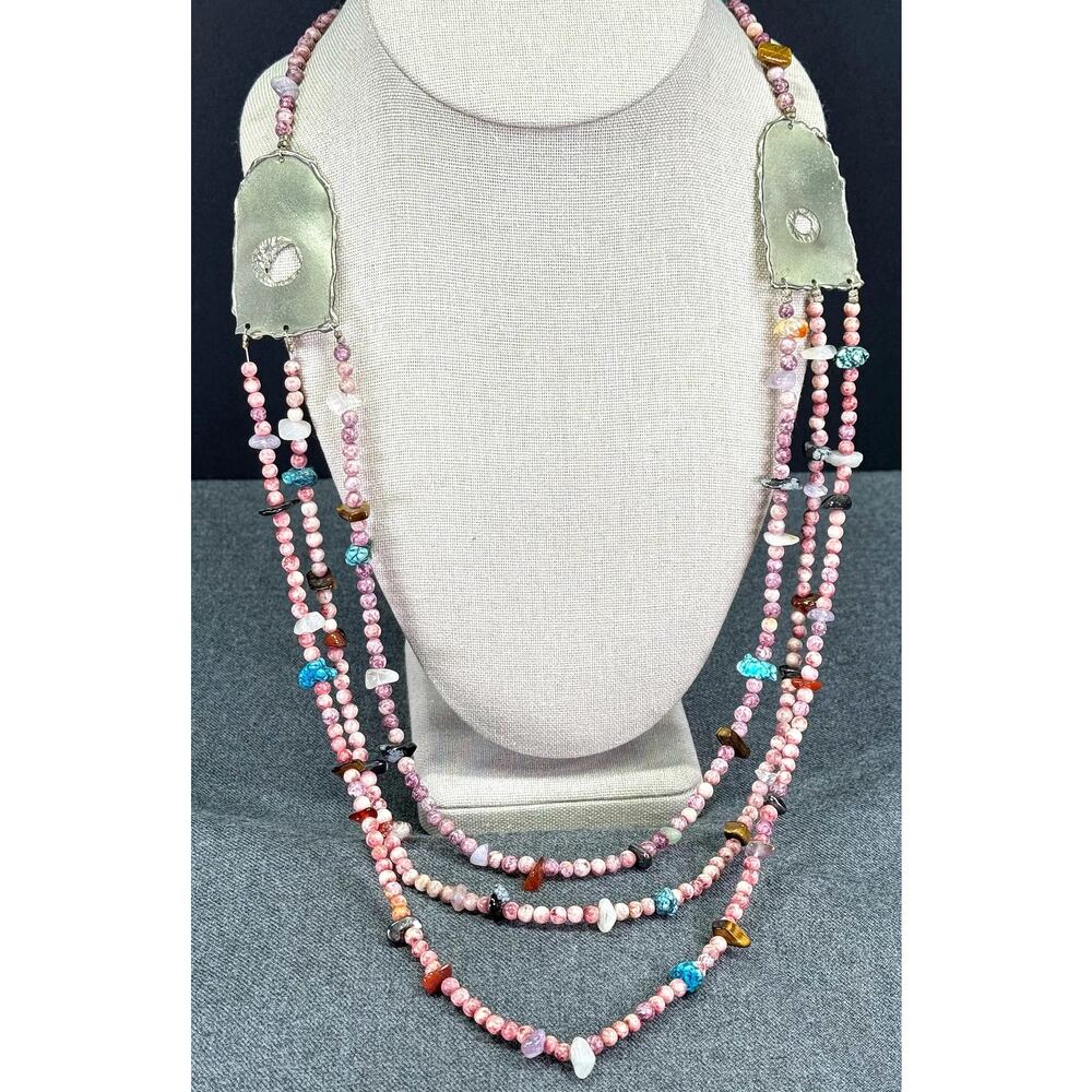 Vintage Brutalist Natural Stone Beads with Metal Necklace Signed Margot '88